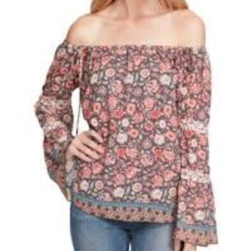 Jessica Simpson dark gull gray botanical blush cold shoulder blouse. Women’s LG